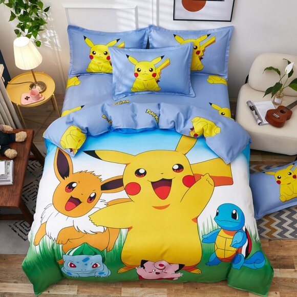 Pokemon Duvet Cover Pillowcase Twin Full Bed Bedding Set 4 Piece - Picture 1 of 3